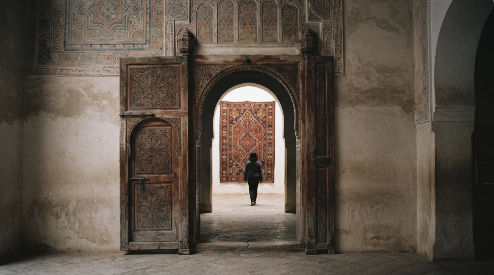 Carved cedar and painted ceiling above the upper reception hall of Dar Si Said, the national weaving and carpet museum in the Marrakech medina