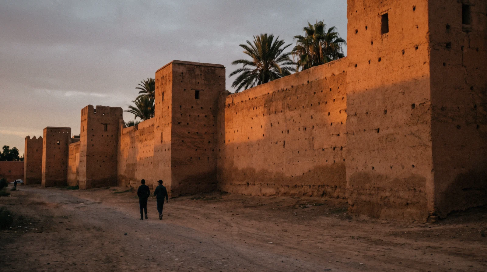 The earthen ramparts near Bab Debbagh lit orange in the late afternoon, one of the free things to do in Marrakech