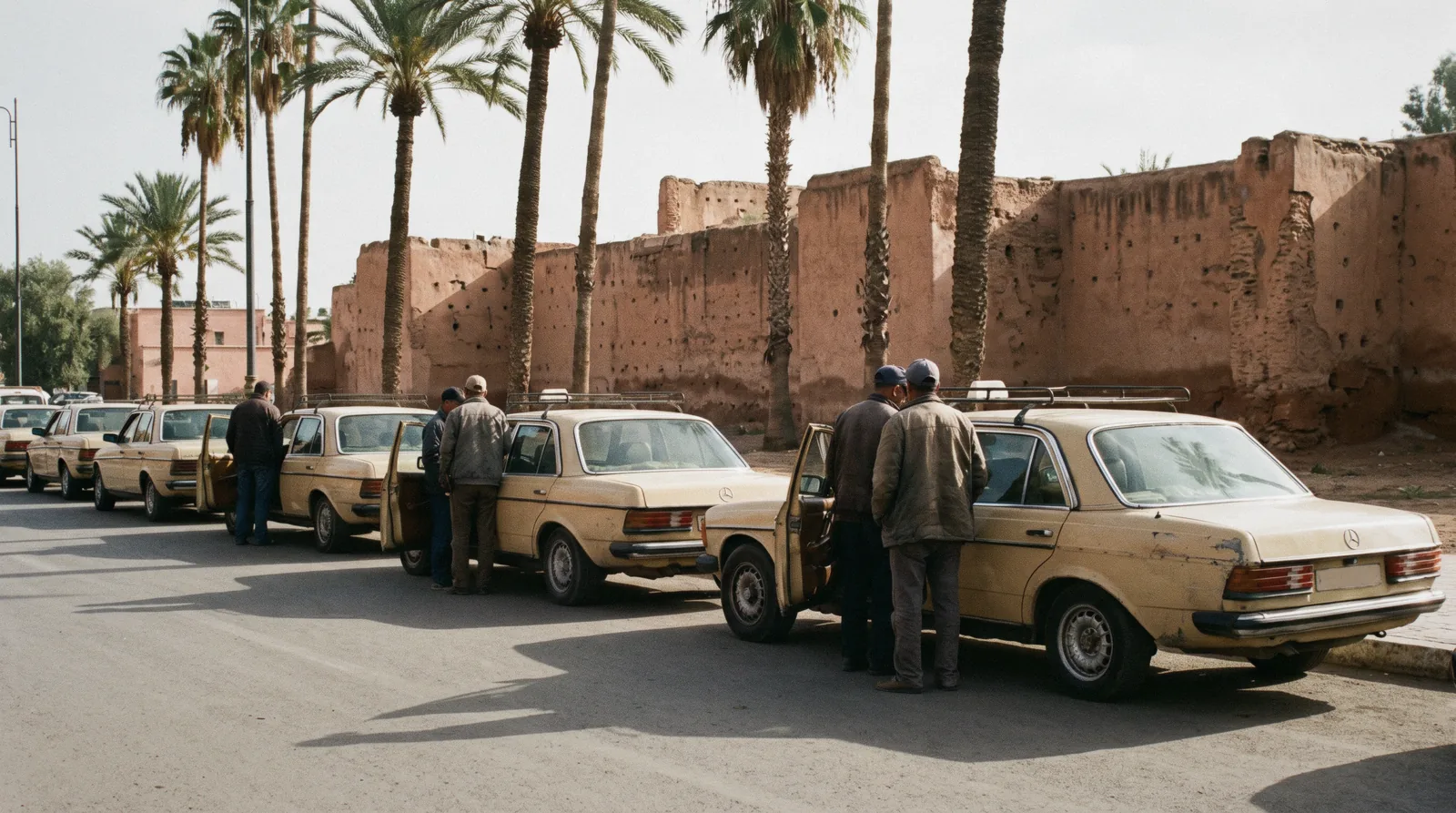 A beige petit taxi waiting on a medina street corner at first light, the usual way of getting around Marrakech