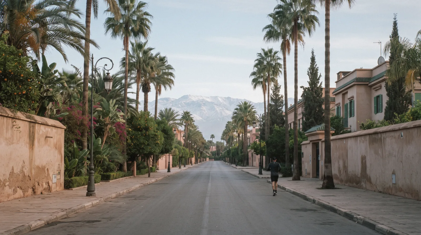 A palm-lined avenue with a low garden wall and the Atlas visible at the end of the street in clean morning light, Hivernage Marrakech