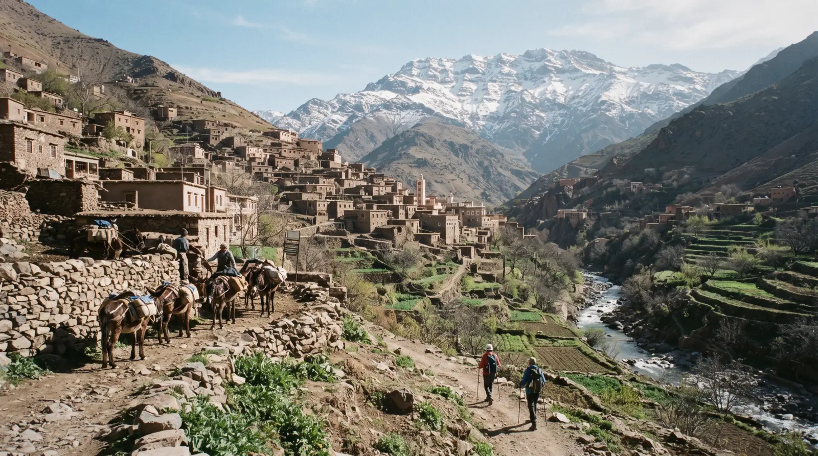 Walnut terraces stepping down to the river below flat-roofed stone houses with mules loaded at a wall, Imlil village in the High Atlas
