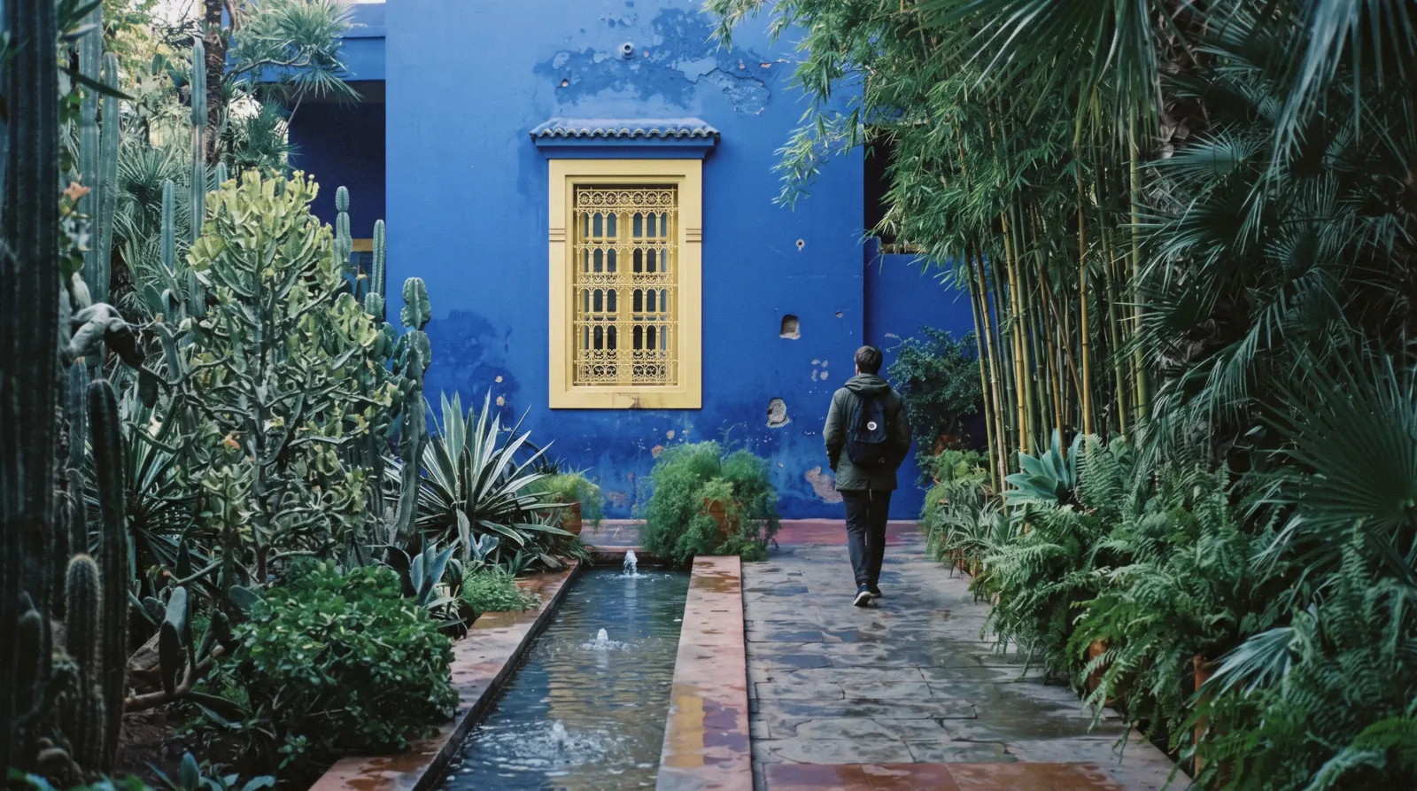 Cobalt-blue villa with yellow window frames behind cactus and bamboo in the Jardin Majorelle, Marrakech
