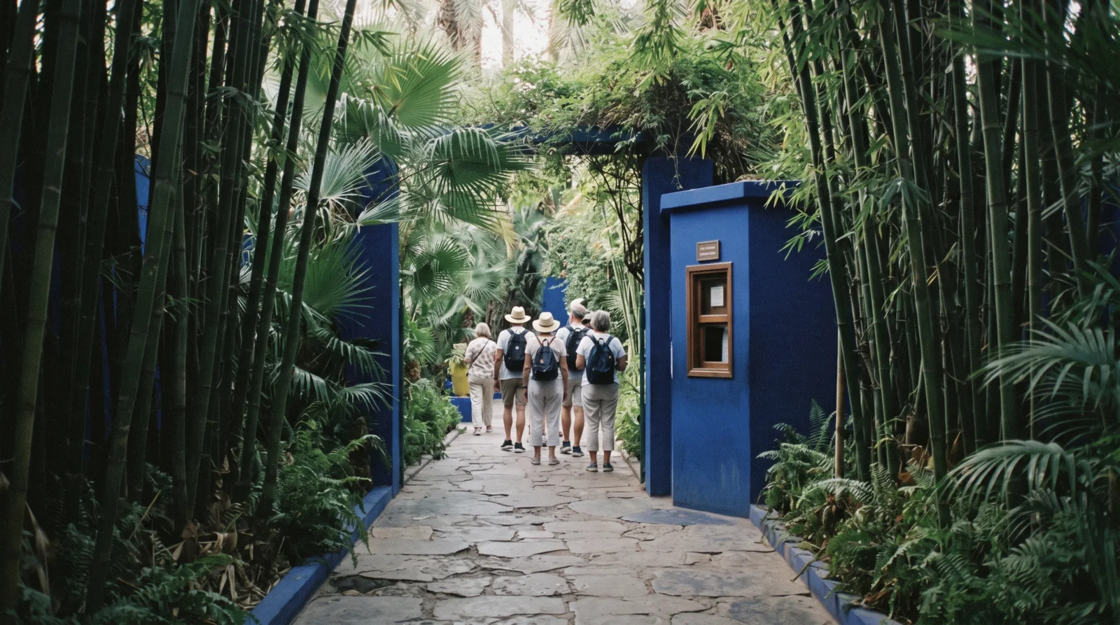 Cobalt ticket kiosk and a short queue under bamboo at the Jardin Majorelle tickets entrance on Rue Yves Saint Laurent, Marrakech