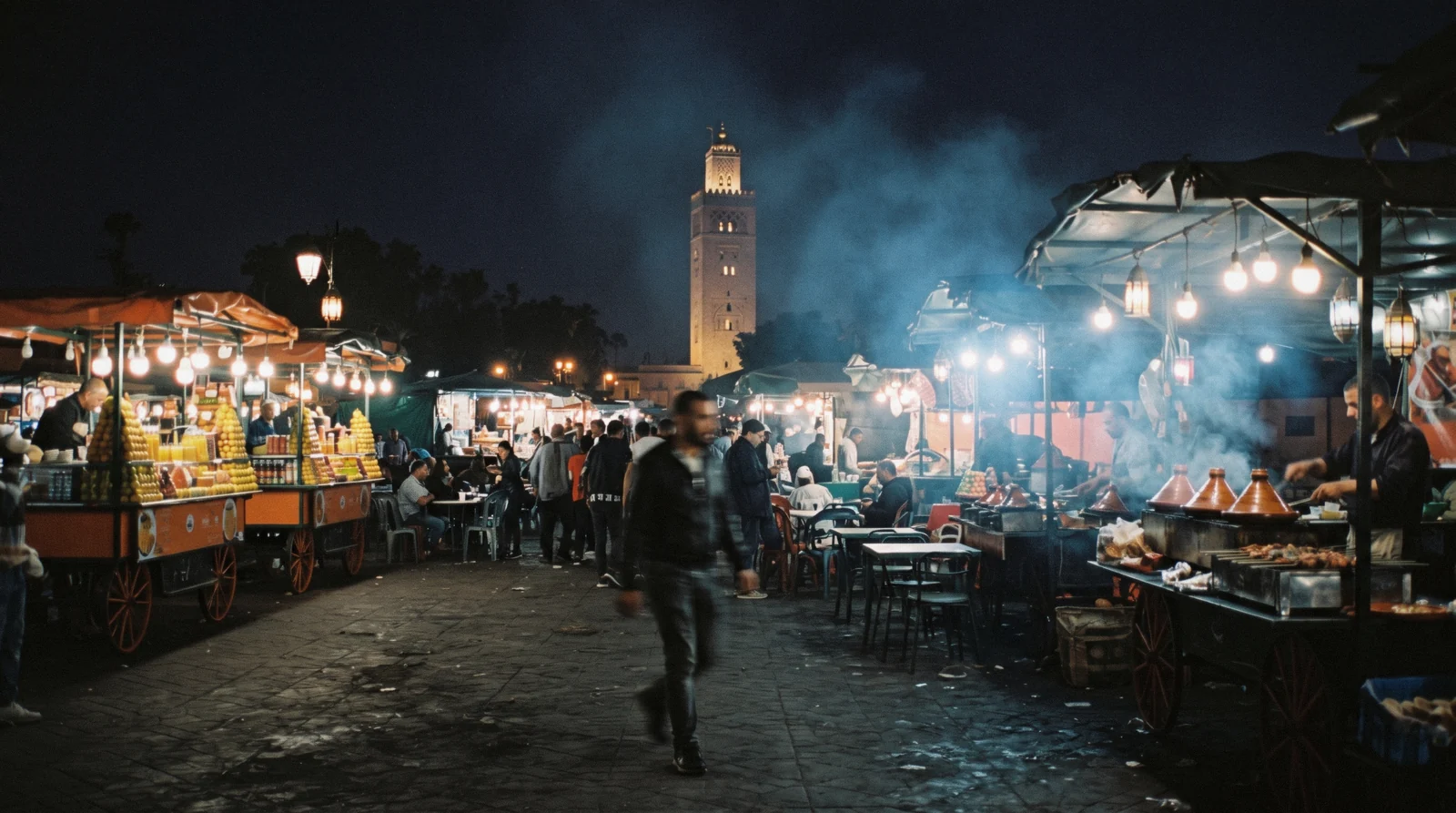 Food-stall canopies lit by bare bulbs with the floodlit Koutoubia behind, Jemaa el-Fna Marrakech
