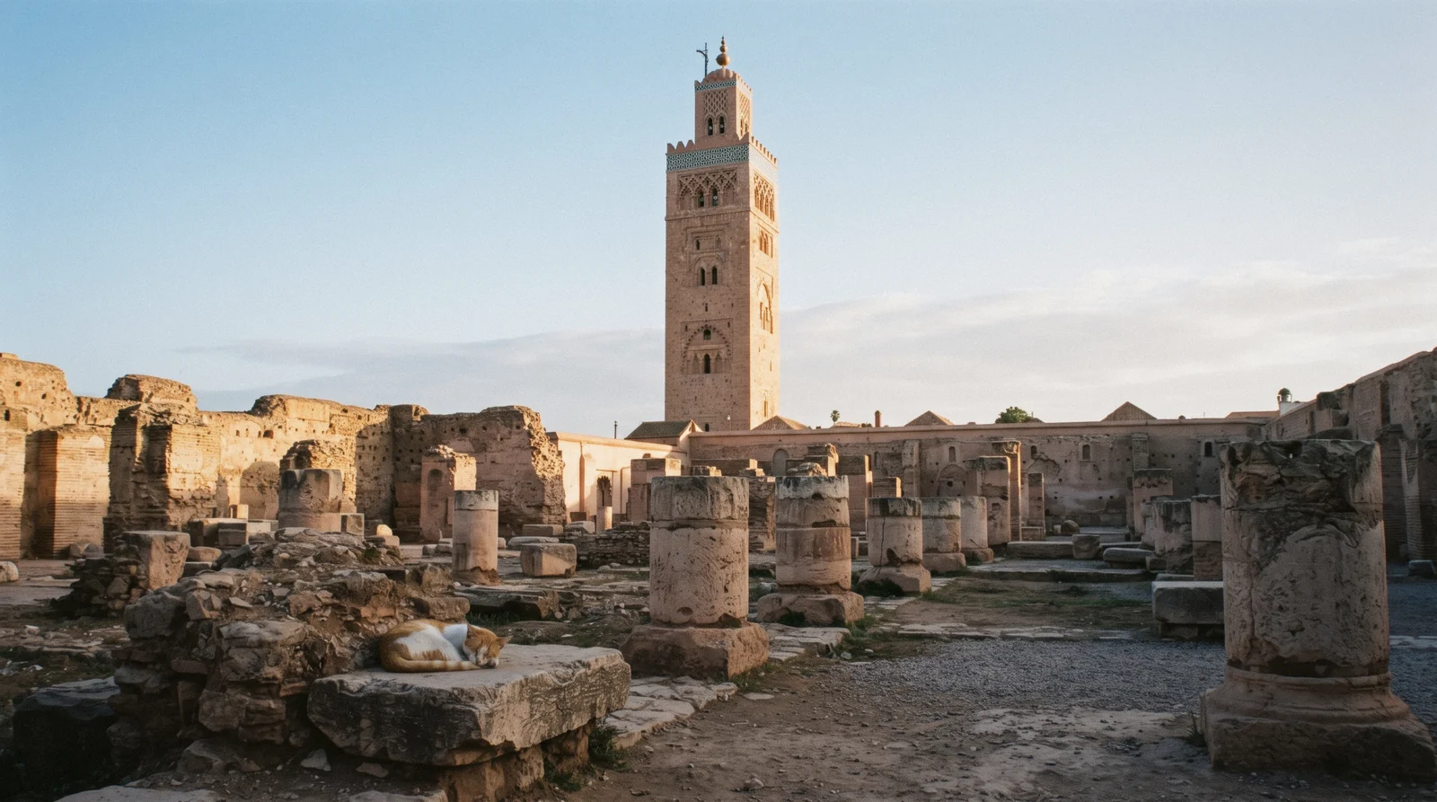 The Koutoubia Mosque minaret rising above the palm-lined esplanade in late afternoon light in Marrakech