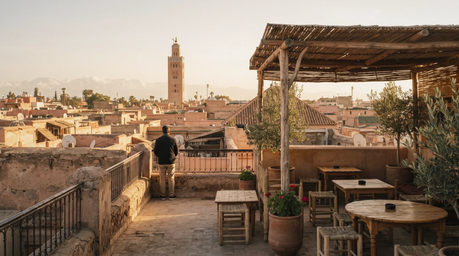 Roof terrace of the Maison de la Photographie Marrakech looking over medina rooftops towards the Atlas, with the museum's tables in the foreground