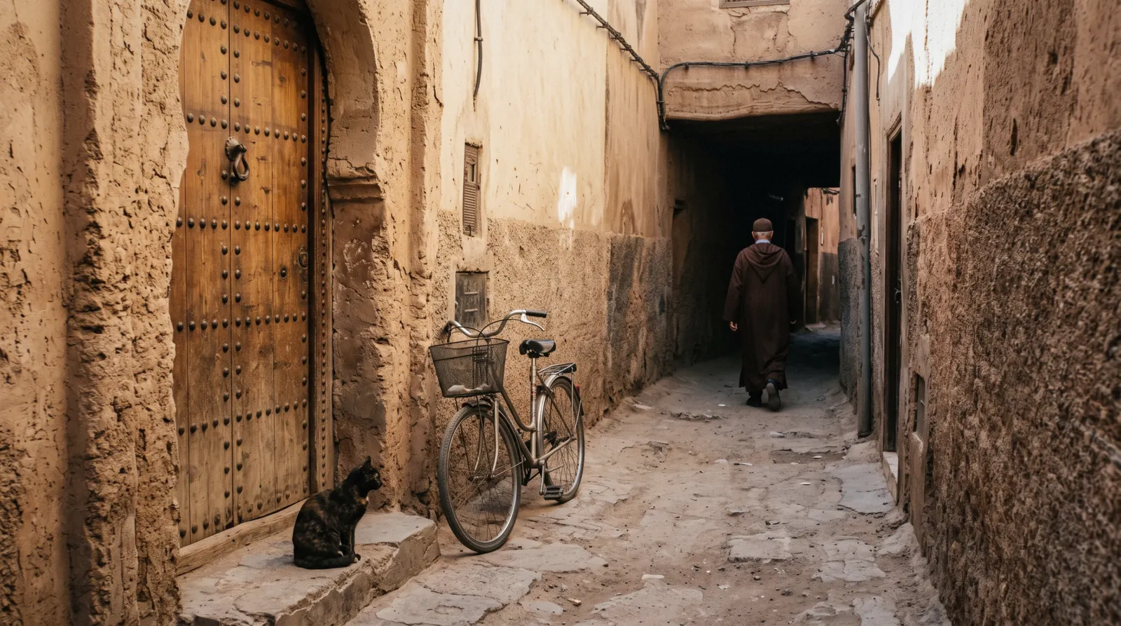 A residential derb in the walled old city with a studded cedar door and hard morning shadow, Marrakech medina