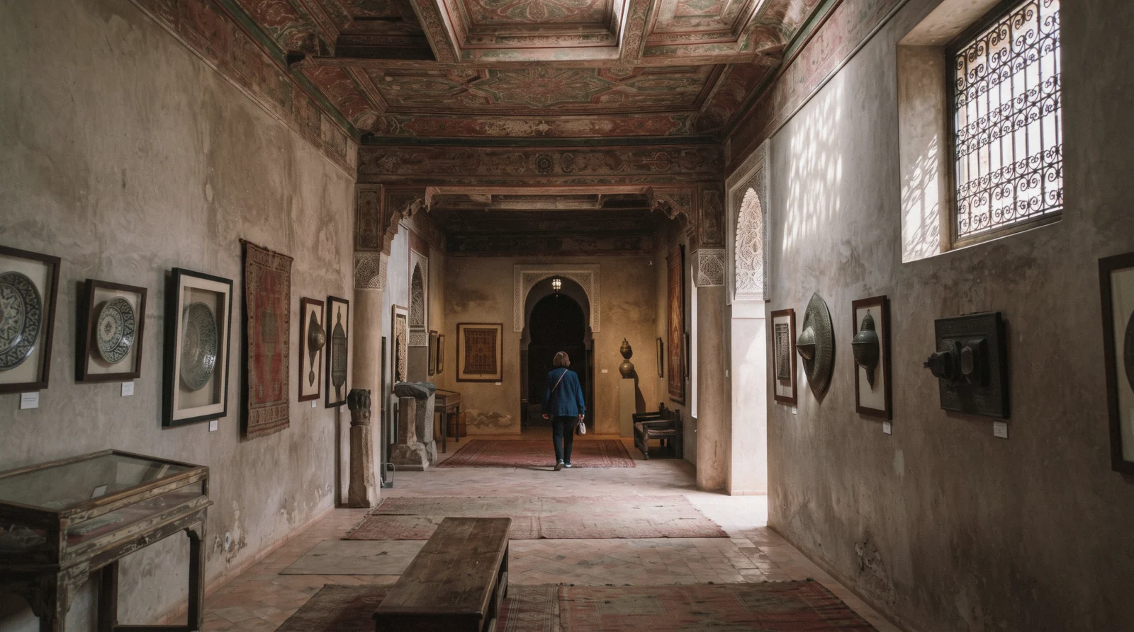 A painted cedar ceiling and a high grille throwing light into a riad gallery room, one of the Marrakech museums housed in a nineteenth-century house