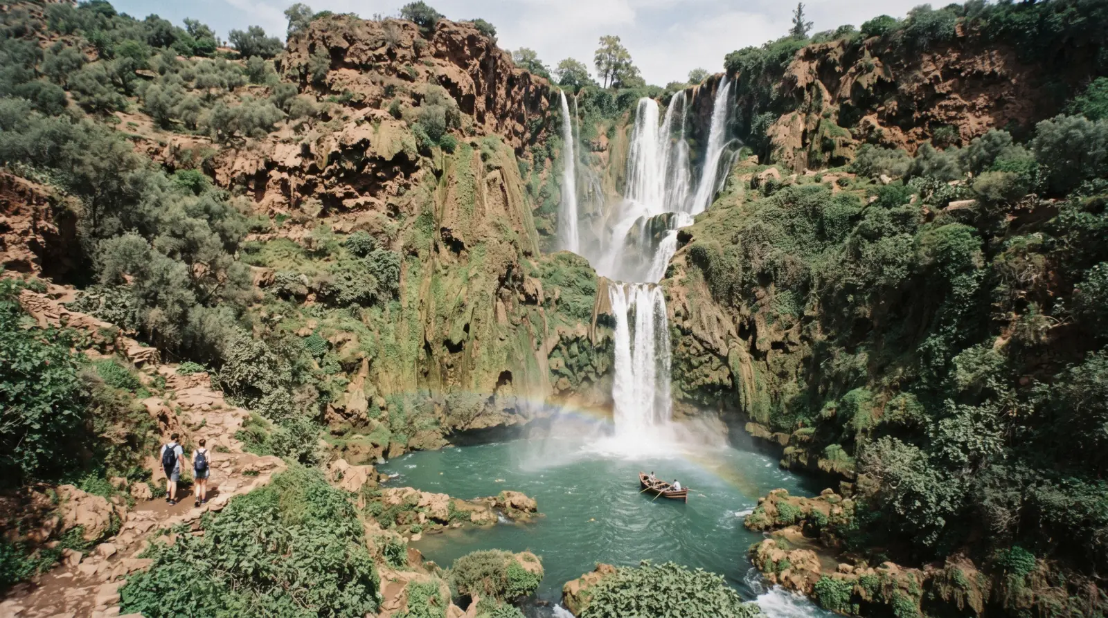 Water dropping in stages into the green plunge pool below the olive terraces on an Ouzoud falls day trip from Marrakech