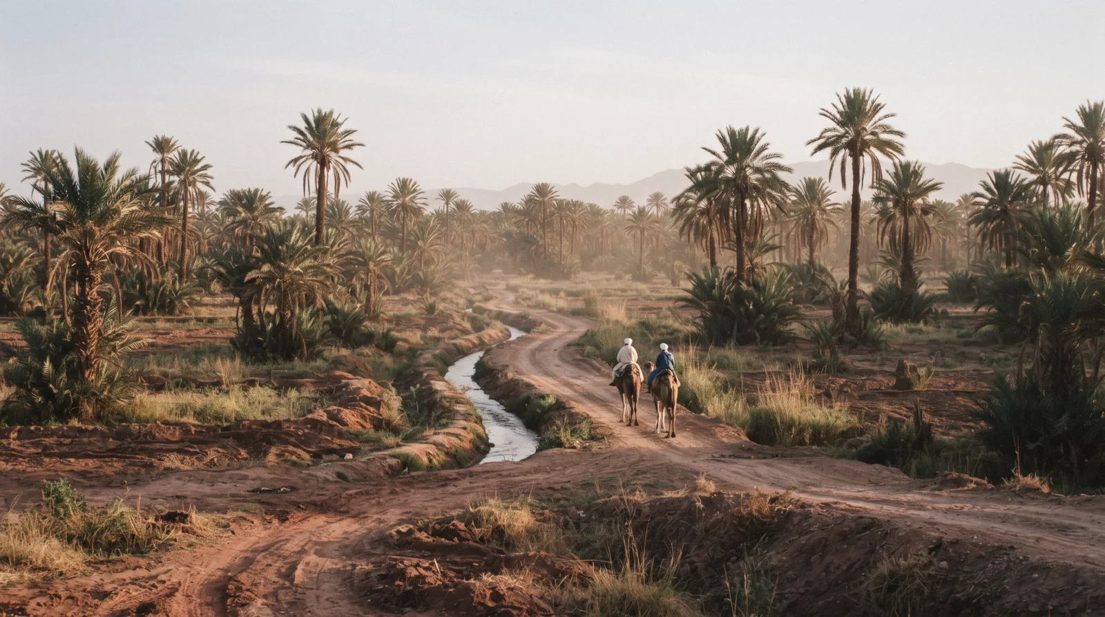Date palms in dry red earth with the High Atlas snowline behind them in the Palmeraie north-east of Marrakech