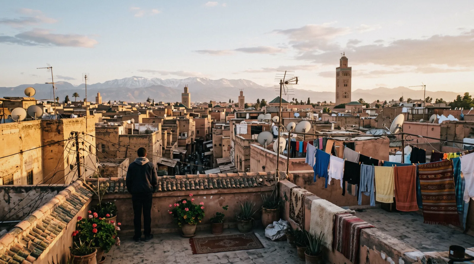 Rooftops, satellite dishes and the Koutoubia minaret with the Atlas behind at dusk, the view most people picture when they plan a trip to Marrakech