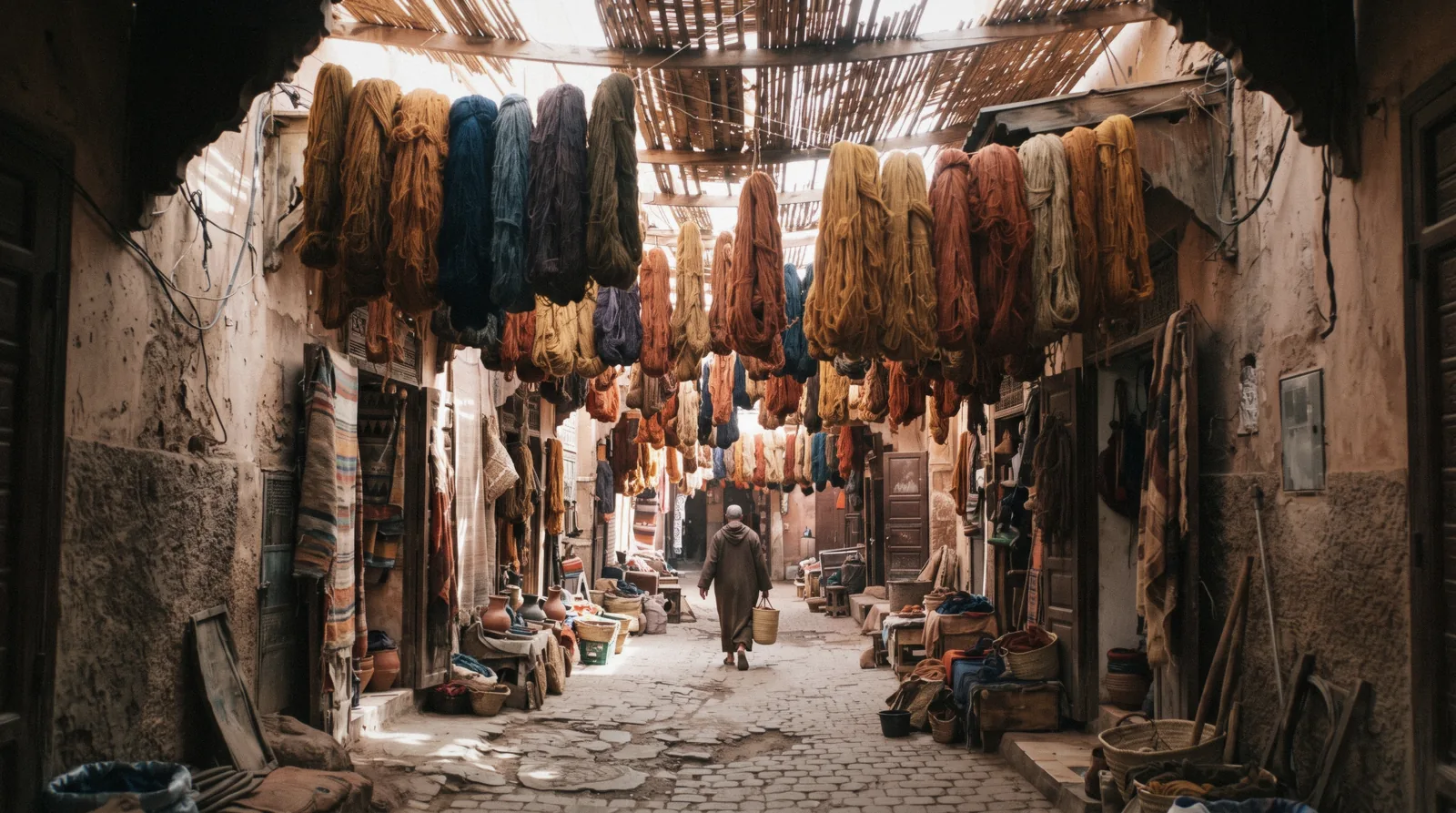 Skeins of dyed wool hanging over a covered lane in the dyers' quarter of the Marrakech souks