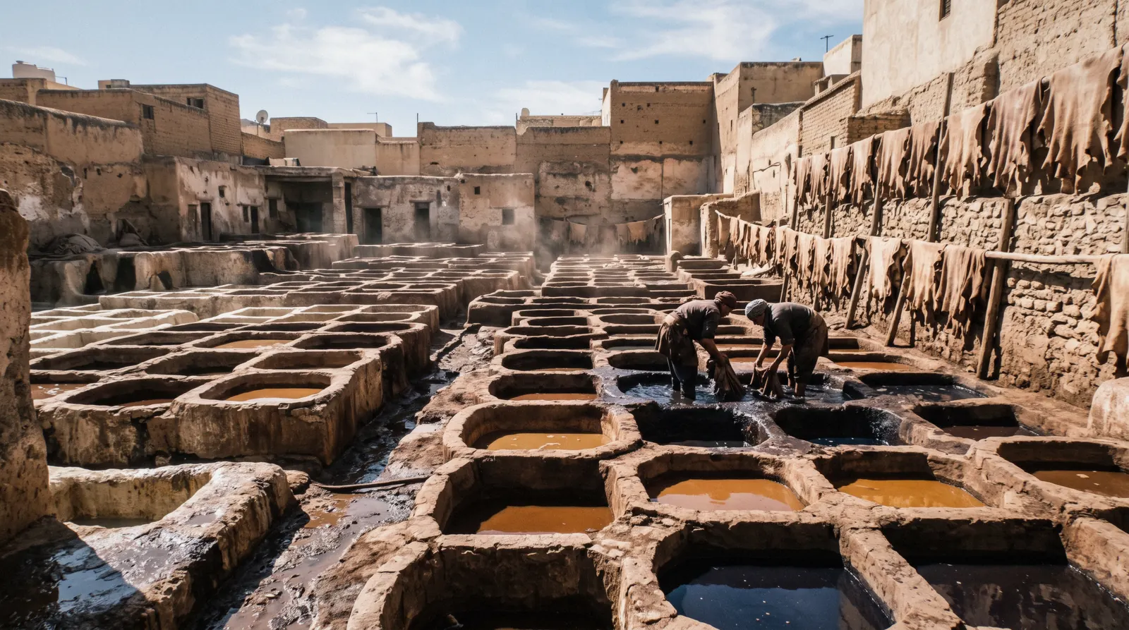Stone dyeing vats packed in a honeycomb with hides drying on the surrounding walls at the Bab Debbagh tanneries in Marrakech