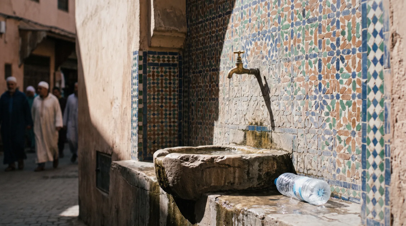 A zellige-tiled public fountain with a brass tap and a worn stone basin in a medina lane, the Marrakech tap water question in one frame