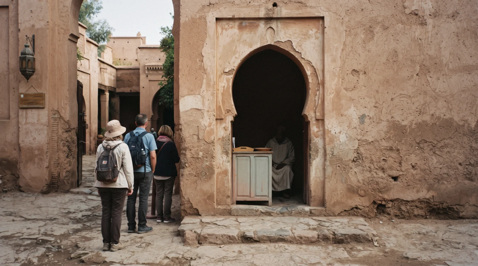 A plain ticket window under a keyhole arch at a Marrakech monument in the morning, where Marrakech attraction tickets are sold at the gate