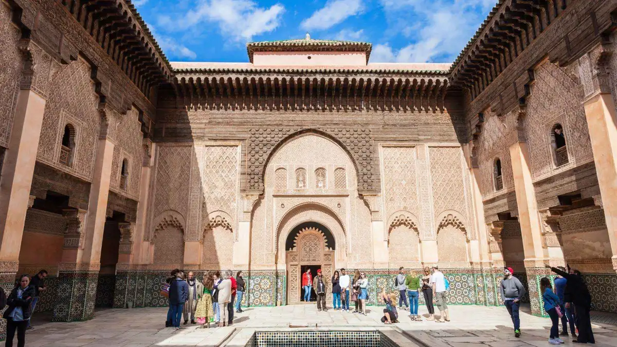 Zellige-lined ablution basin in the courtyard of Madrasa Ben Youssef on a Ben Youssef Madrasa and Secret Garden tour in Marrakech