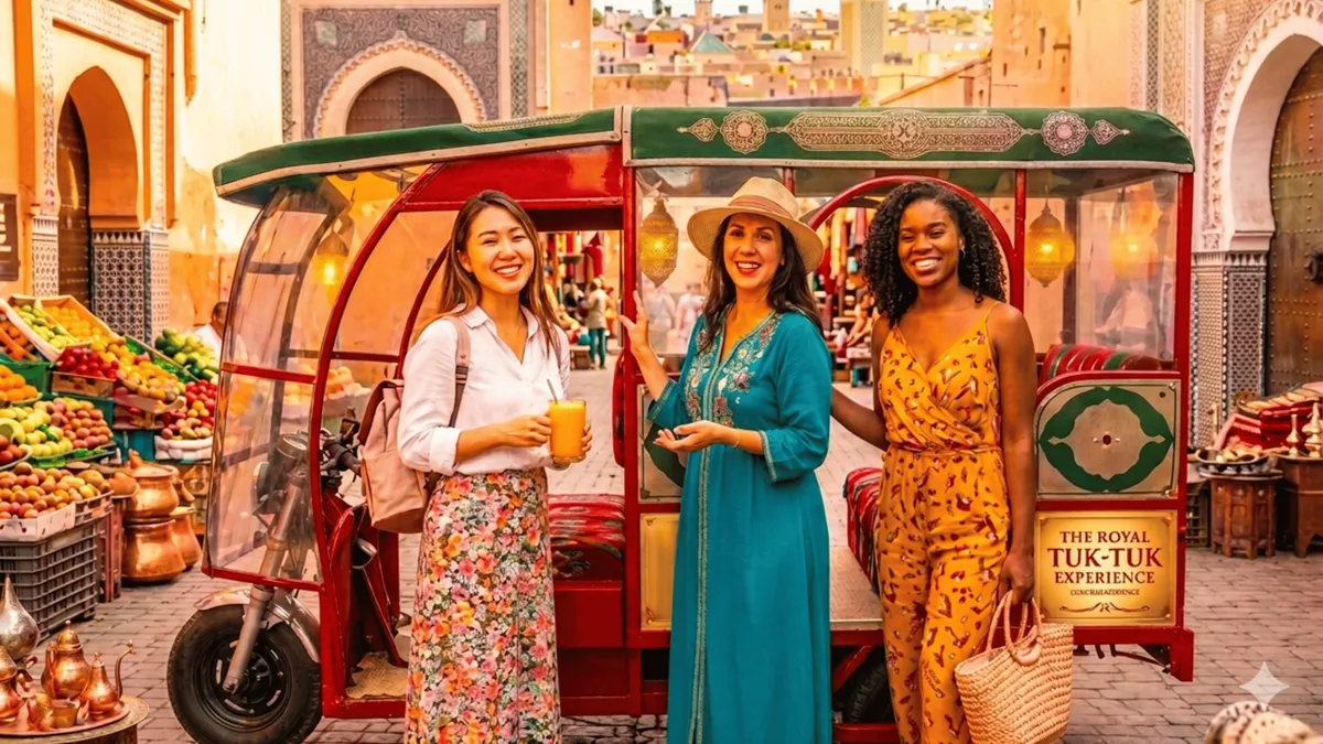 Tuk-tuk waiting in a narrow lane beside an ochre medina wall on a private tuk-tuk tour of Marrakech