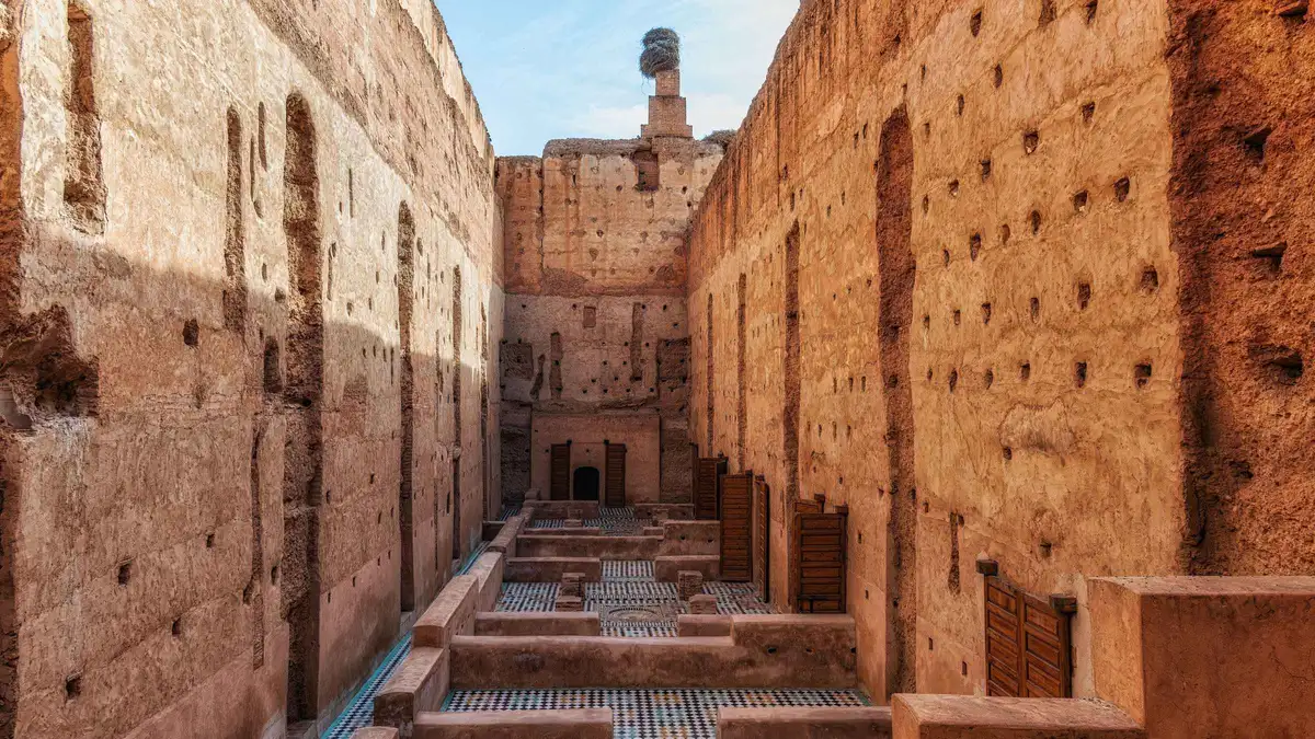 Sunken orange garden and ruined walls of El Badi Palace on an El Badi Palace entry ticket visit in Marrakech